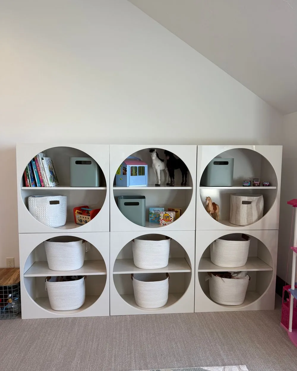 Organized playroom storage with baskets