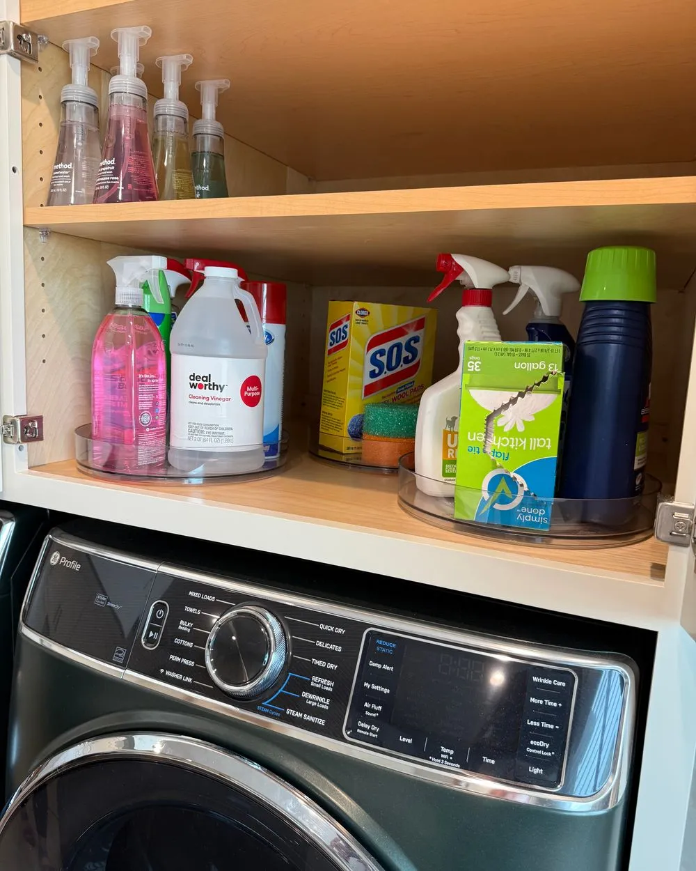 Organized laundry room cabinet