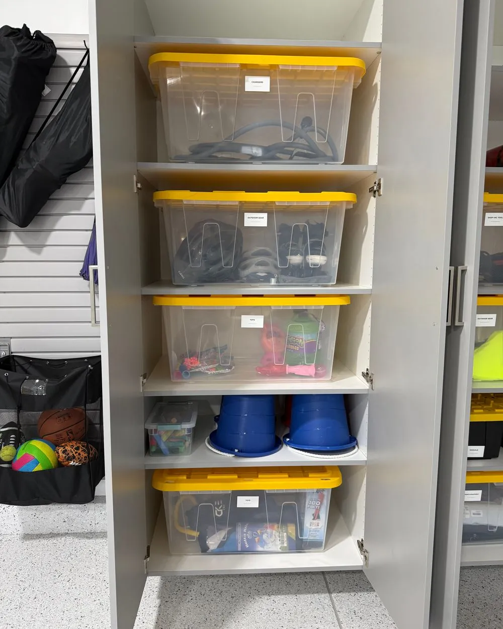 Organized garage storage bins